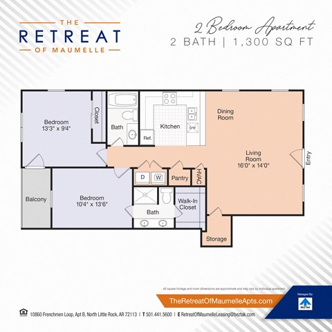 Floor plan for 2 beds, 2 baths, 1300 sqft